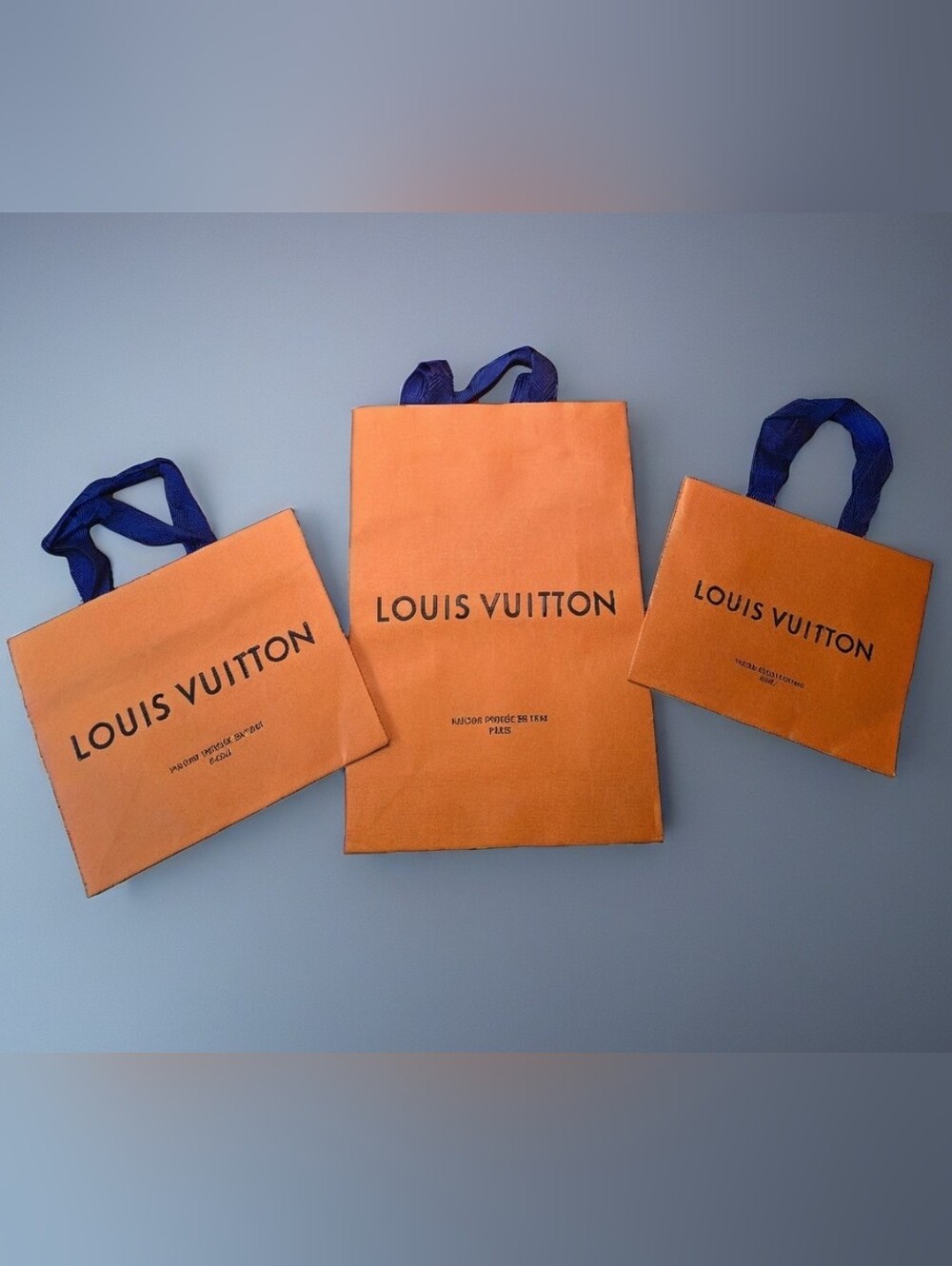 Louis Vuitton Orange Shopping Bags with Blue Ribbon Handles - Trio EUC - Picture 2 of 8
